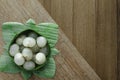 Top view Longan on banana leaves on the wood background