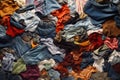 Top view of a lot of clothes thrown away. Overproduction, fast-fashion and mass consumption concept.