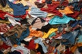 Top view of a lot of clothes thrown away. Overproduction, fast-fashion and mass consumption concept.