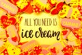 Lots of colourful foam stickers depicting hearts, butterflies and cupcakes or ice cream. Summer or joy concept Royalty Free Stock Photo