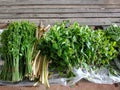 Top view, Lotus stem and vegetable on Wooden table