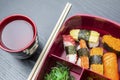 Lunch box served with soy sauce and chopsticks Royalty Free Stock Photo