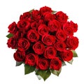 Top view of lush red rose bouquet with green foliage isolated on white background Royalty Free Stock Photo