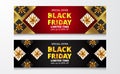 Top view of luxury present gift box with golden ribbon for black friday sale offer banner