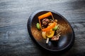 top view on luxury restaurant fish dish with beautiful garnish