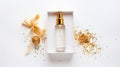 Top view of luxury serum bottle in the box with gold decorations with copy space on white background, By AI Generative