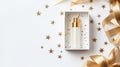 Top view of luxury serum bottle in the box with gold gift box with copy space on white background, By AI Generative