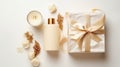 Top view of luxury serum bottle in the box with gold gift box with copy space on white background, By AI Generative