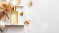 Top view of luxury serum bottle in the box with golden decorations with copy space on white background, By AI Generative