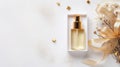 Top view of luxury serum bottle in the box with golden decorations with copy space on white background, By AI Generative