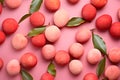 Top view of lychee fruits on pink background