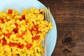 Top view macaroni and cheese with fork Royalty Free Stock Photo