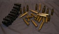 Top view of machine gun ammunition belt on  uniform background Royalty Free Stock Photo