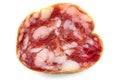 Top view macro detail of smoked salami slices, pepperoni slice, Italian prosciutto crudo ,raw ham texture isolated on white