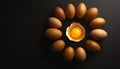 Top view macro shot of eggs with one chicken egg broken with yolk Royalty Free Stock Photo
