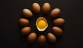 Top view macro shot of eggs with one chicken egg broken with yolk Royalty Free Stock Photo