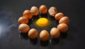 Top view macro shot of eggs with one chicken egg broken with yolk Royalty Free Stock Photo