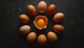 Top view macro shot of eggs with one chicken egg broken with yolk Royalty Free Stock Photo
