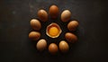Top view macro shot of eggs with one chicken egg broken with yolk Royalty Free Stock Photo