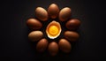 Top view macro shot of eggs with one chicken egg broken with yolk Royalty Free Stock Photo