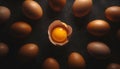 Top view macro shot of eggs with one chicken egg broken with yolk Royalty Free Stock Photo