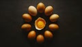 Top view macro shot of eggs with one chicken egg broken with yolk Royalty Free Stock Photo
