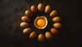 Top view macro shot of eggs with one chicken egg broken with yolk Royalty Free Stock Photo