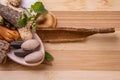 Top view macro shot of herbal pills and tablets arranged with spices on a red stone. Unani medicines concept Royalty Free Stock Photo