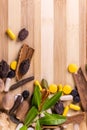 Top view macro shot of herbal pills and tablets arranged with spices on a red stone. Unani medicines concept Royalty Free Stock Photo