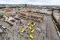 Top view of the Main Square of Krakow and the cloth hall and monument to Adam Mickiewicz