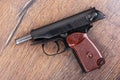 Top view of the Makarov pistol with the bolt stopped in the open position, the pistol bolt stopped. Royalty Free Stock Photo