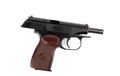 Top view of the Makarov pistol with the bolt stopped in the open position on a white background. Royalty Free Stock Photo
