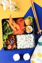 Top View Makunouchi Bento, Japanese Lunchbox with Various Side Dishes