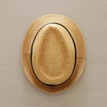 Top view of male fedora hat over wooden background. Royalty Free Stock Photo