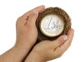 Top view male hand holding nest euro coin isolated