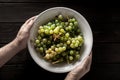 Male hands holding a bowl with white grapes Royalty Free Stock Photo