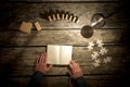 Top view of male hands about to make notes in blank notebook Royalty Free Stock Photo