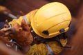 Top view of male rope access technician wearing yellow rope access full protection safety helmet Royalty Free Stock Photo