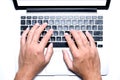 Top view, Male`s hand working by using and typing on white laptop with blank white screen. Royalty Free Stock Photo