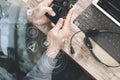 top view of man hand using VOIP headset with digital tablet comp Royalty Free Stock Photo