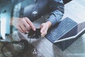 top view of man hand using VOIP headset with digital tablet comp