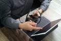 top view of man hand using VOIP headset with digital tablet comp Royalty Free Stock Photo