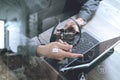 top view of man hand using VOIP headset with digital tablet comp Royalty Free Stock Photo