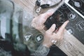 top view of man hand using VOIP headset with digital tablet comp Royalty Free Stock Photo