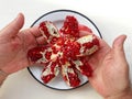 Top view of man hands holding a partially peeled pomegranate Royalty Free Stock Photo