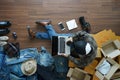 Top view of man holding coffee cup working laptop computer Royalty Free Stock Photo