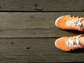 Top view of man Orange sneakers standing on wooden bridge old.