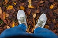 Top view of a man`s shoes on a layer of yellow autumn leaves fallen from the trees, autumn photo of the change of season. autumn Royalty Free Stock Photo