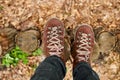 Top view man standing with hiking mountain boots on autumn leaves and wood background Royalty Free Stock Photo