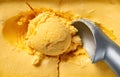 Mango flavor ice cream ball and spoon close up